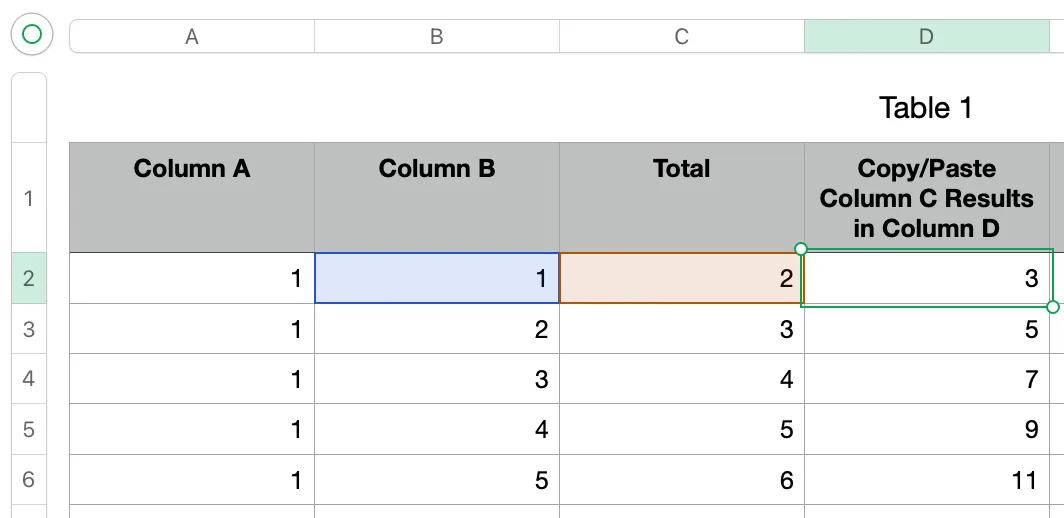 If you copy columns C’s results to column D, you’re only copying the formula. You’re not actually copying the results from column C