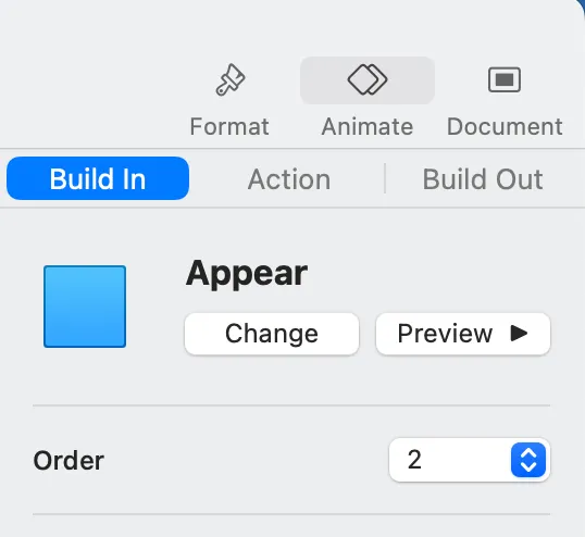 Build in option under Animate pane