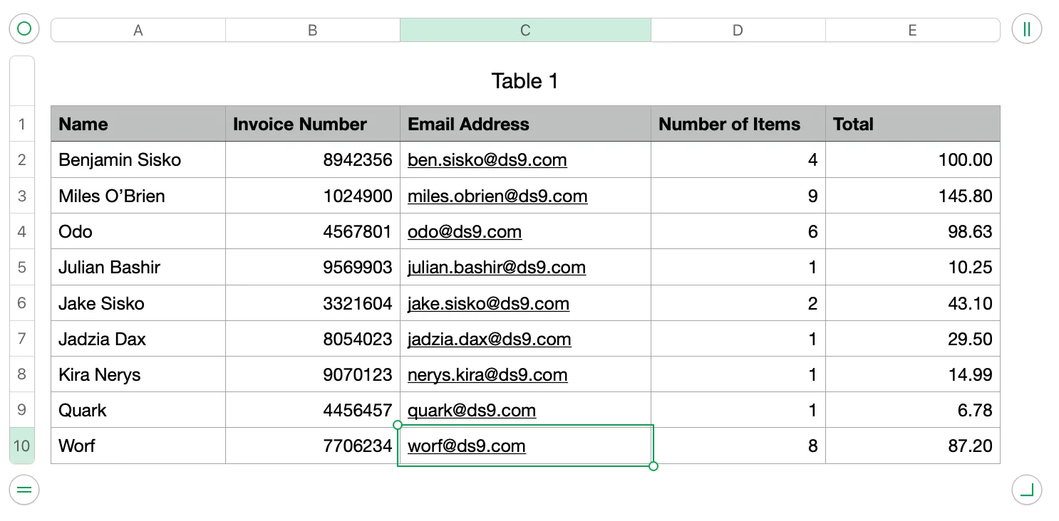 Example of hyperlinks in spreadsheet