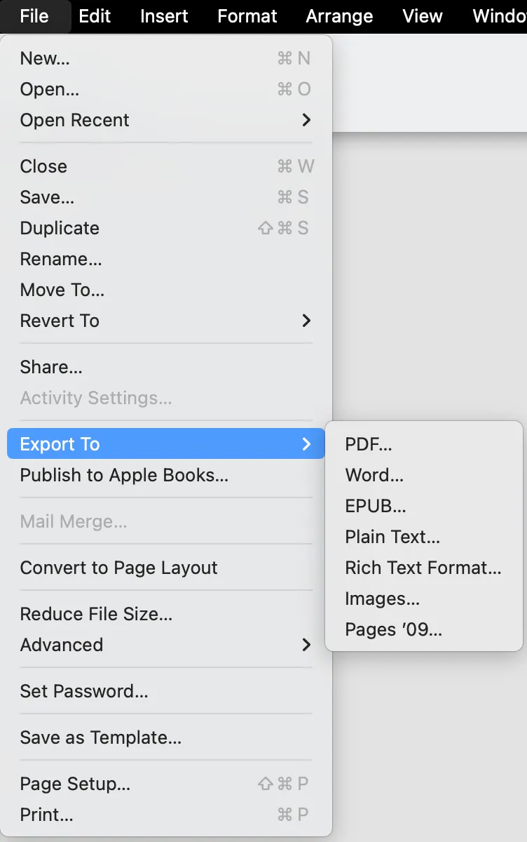 the export dropdown menu option in Apple Pages