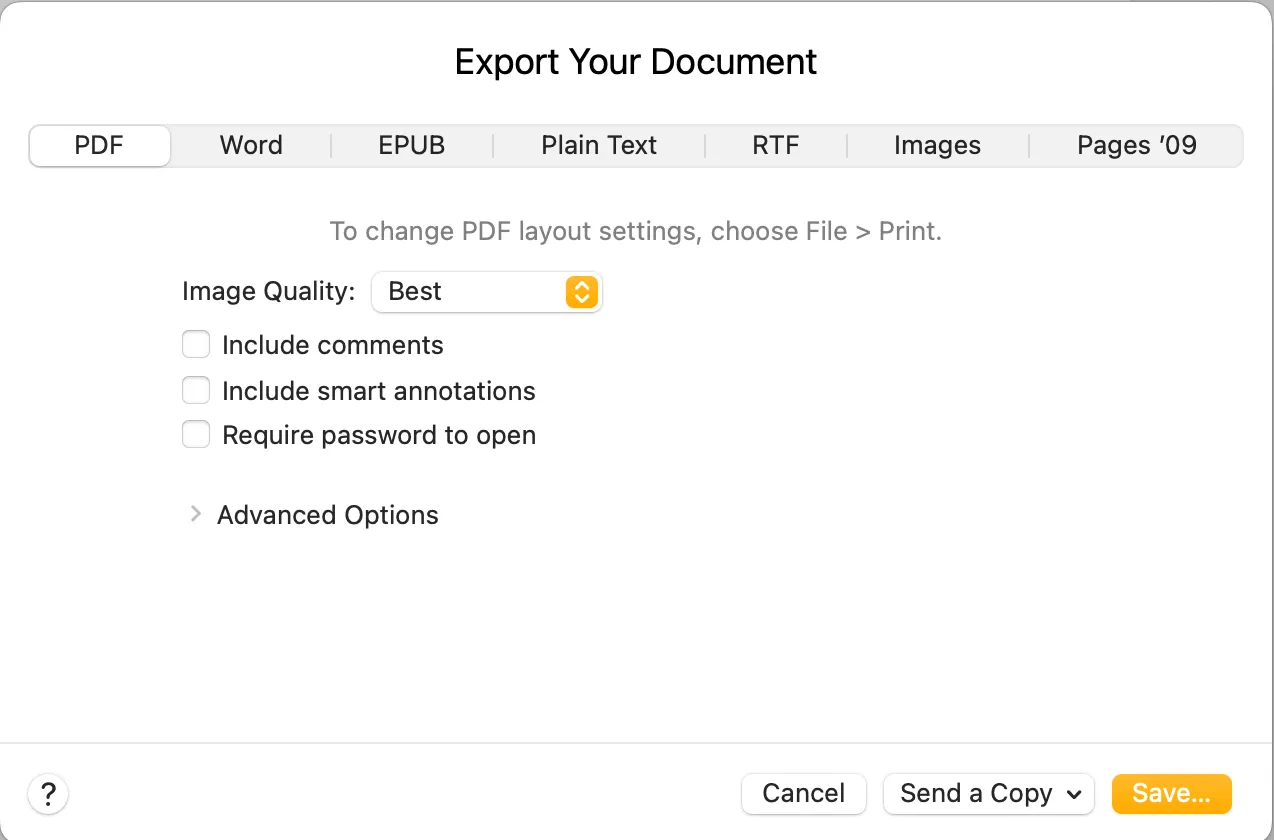 The “Export Your Document” pop up window in Apple Pages