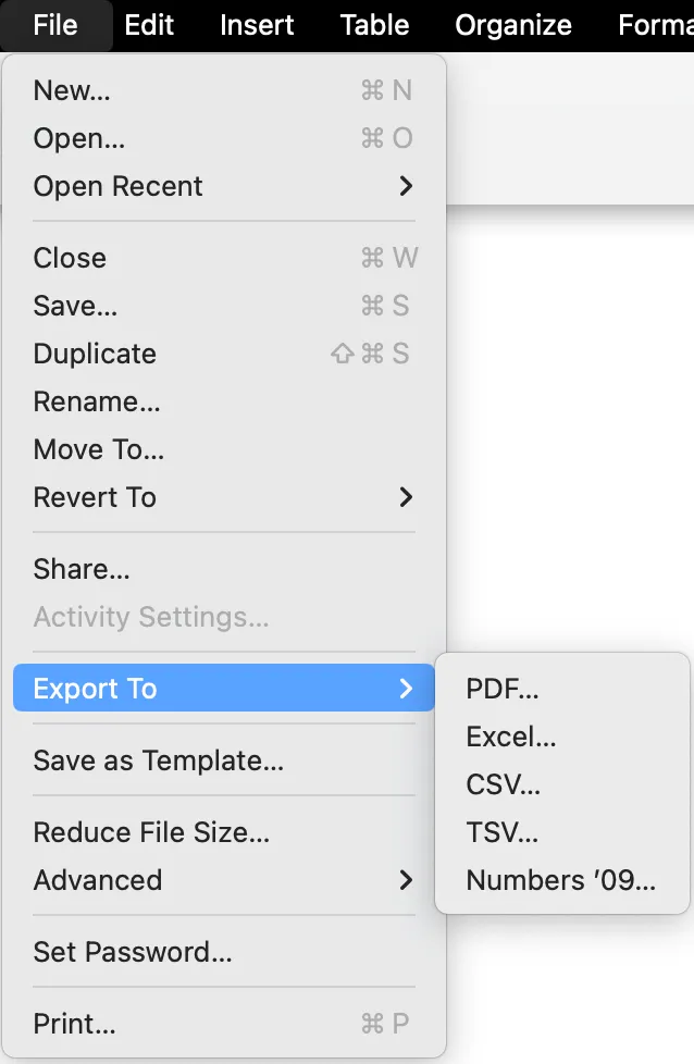 export dropdown menu option in apple numbers