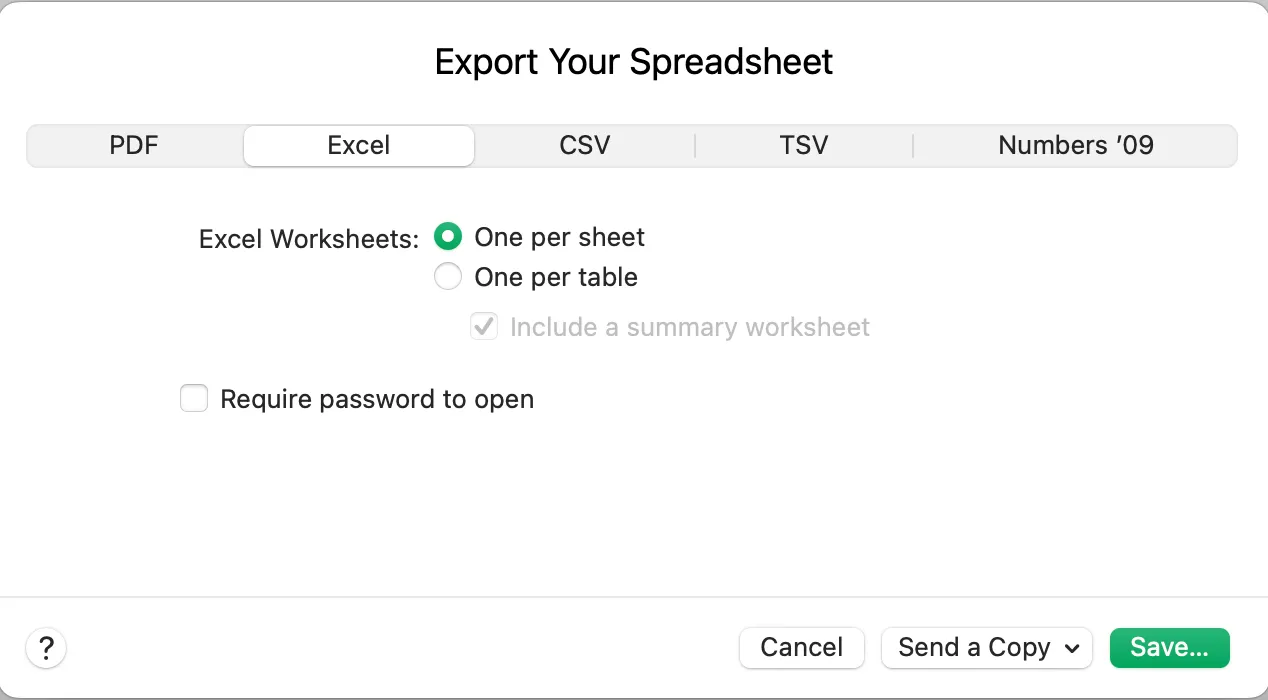 The “Export Your Spreadsheet” pop up window in Apple Numbers