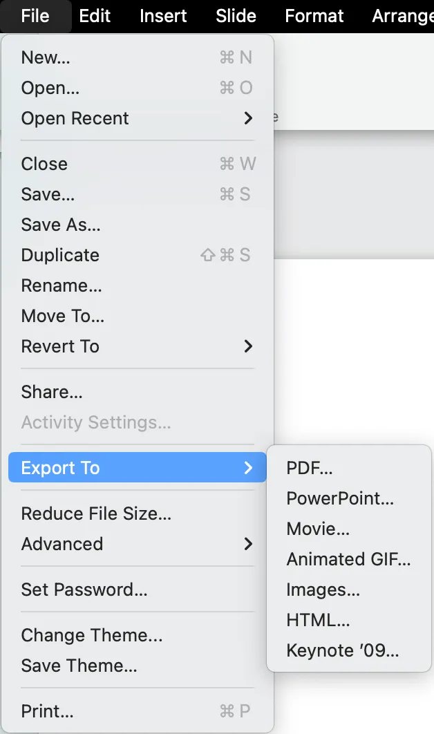 Export menus dropdown in Apple Keynote