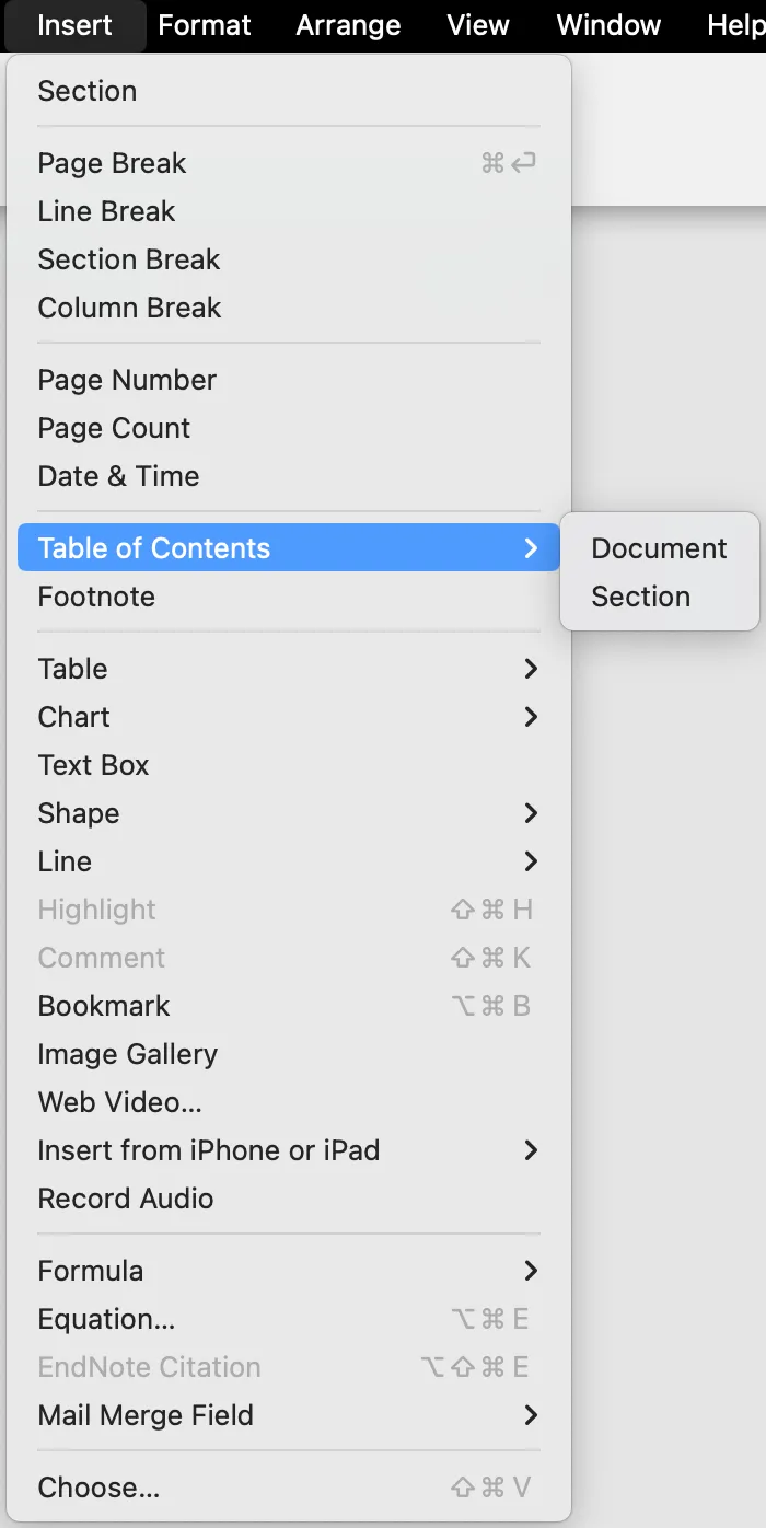 Creating a table of contents