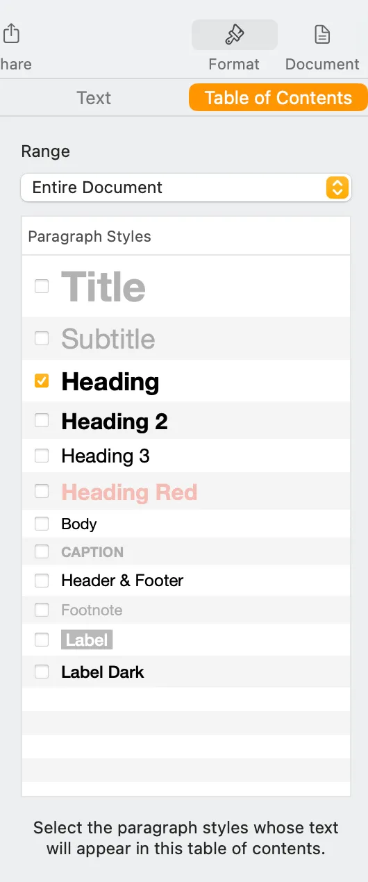 Choose which styles are included in the table of contents