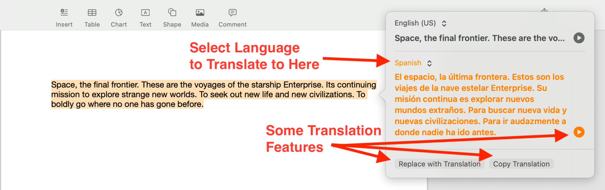 The pop up menu after you have selected the option to translate